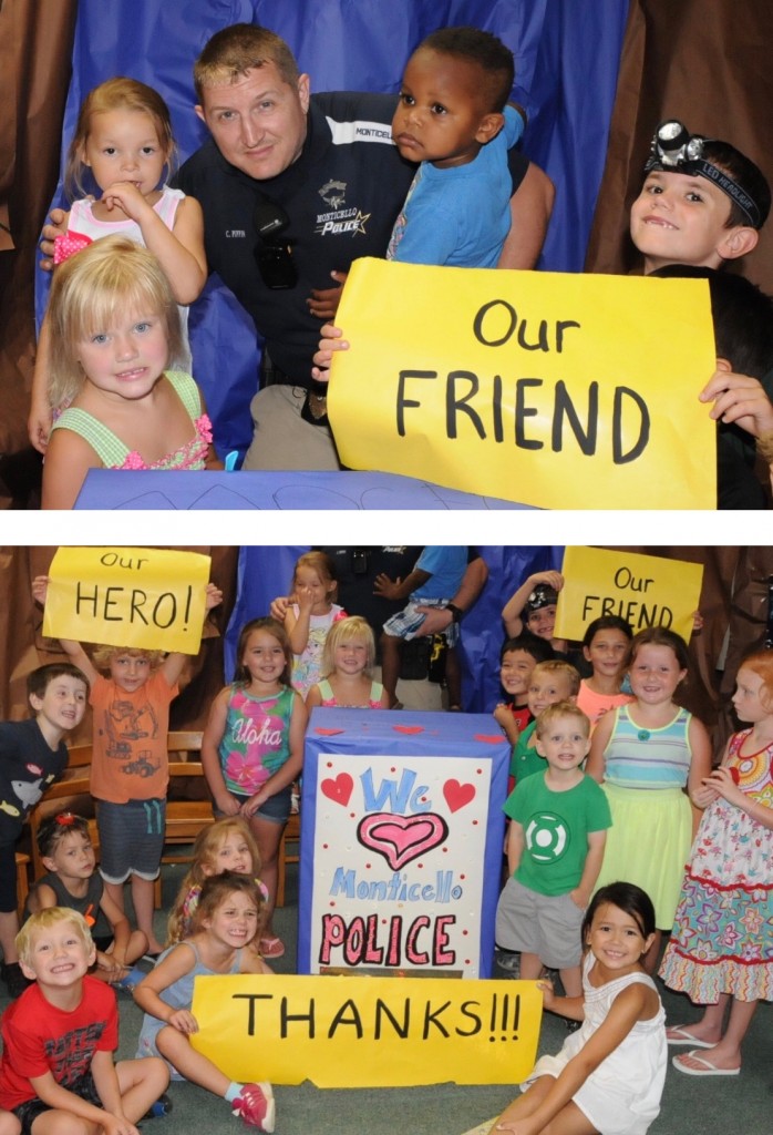 Preschoolers from FBC’s Vacation Bible School last week gave thanks and Hero Hugs to Officer Casey Pippin and the Monticello Police for all they do to keep us safe.