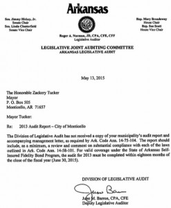 May 2015 letter to Mayor Zack Tucker, over past due city audits.