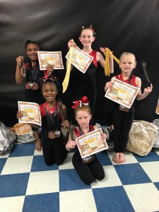 Level 1 Gymnasts- back row from left: Morgan Moore, Jaelynn Curry, Corbyn Curry, and kneeling, Azari Marshall and Kaylee Garrison