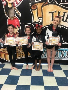 Level 2 Gymnasts- Tori Glover, Lexi Bowman, Samara Seymour, and Abby Bailey