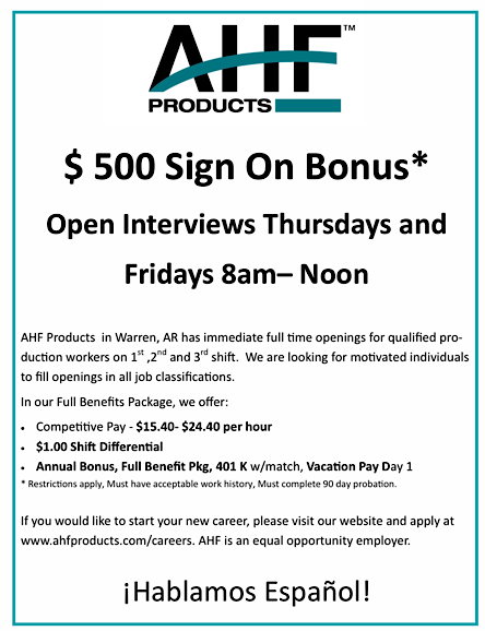 AHF PRODUCTS, $500 Sign On Bonus*, Open Interviews Thursdays & Fridays