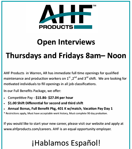 AHF PRODUCTS Open Interviews Thursdays & Fridays