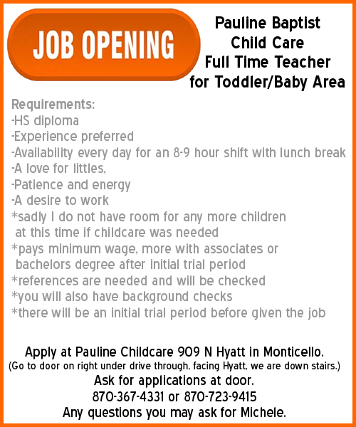 Pauline Baptist Child Care Job Opening