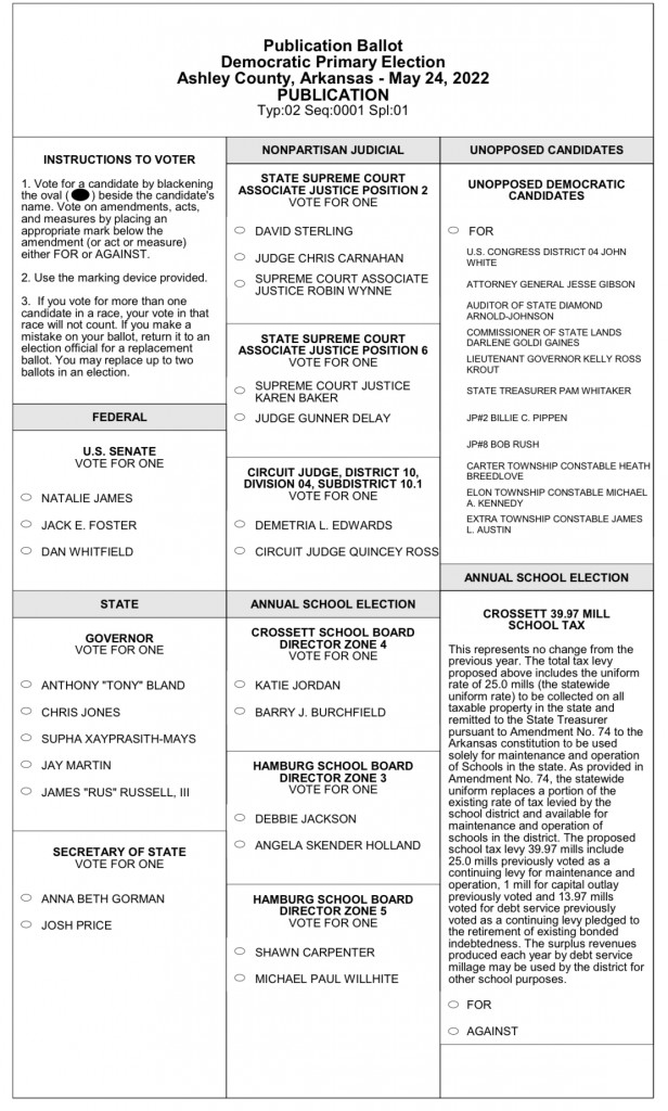 Ballot Sample Democrat Ashley County Monticello Live